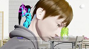 curvy milf in outfit gives blowjob with huge oppai in anime hentai gameplay.