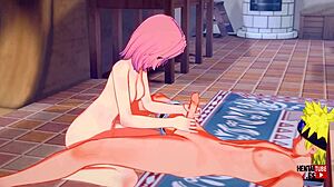 Naruto Hentai Video Featuring Sakura Haruno In Costume Giving Handjob And Pussy Rubbing Until Naruto Cums Twice.