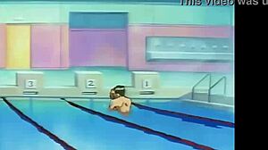 Teacher in bikini gives supplementary class in retro classroom