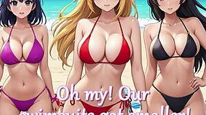 hundreds of anime girls gather on paradise island with detailed sexy outfits and playful interactions in groups