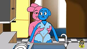 Richard and Nicole Watterson engage in intense fucking, with his big cock exploring her pussy in a hardcore anime scene, leading to licking and muff diving before the final climax.