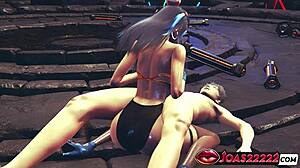 Nessa Pokemon 3D Hentai Animation: Big Tits Girl in Sexy Bodysuit and Blue Latex Gloves Delivers Fetish Handjob to Big Dick, Ending in Massive Cumshot