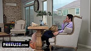 Jayden relieves office stress with Sarah's help while seeking promotion.