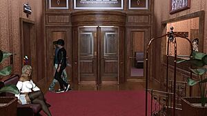 Kontorsdam onanerar med dildo i allmänna provrummet i hentai-spel