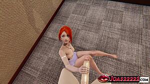 Redhead gives blowjob sitting on chair for facial in 3D POV animation