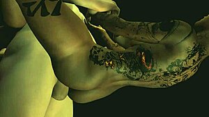 Intensywny stojący seks z wytatuowaną czarną dziewczyną w akcji analnej i dużych cyckach na pokaz