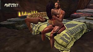 3D busty threesome preview with group action.