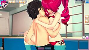 Bikinis Kasane Teto és srác dugnak a medencében