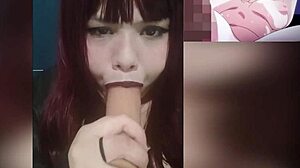 redhead goth wife playing with her huge tits while watching hentai