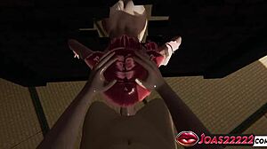 hot anime girl iris performs sloppy blowjob on the floor at gloryhole, mouth fucked, titjob teased with close-up cumshot