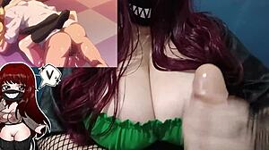 Redhead milf watches hentai, toys big tits