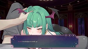 In the hentai game, a lustful succubus gives blowjob
