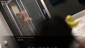 whoa, that horny futa's stroking her huge cock while stepmom showers nearby