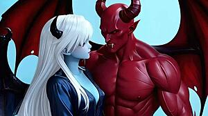 Blue red demons tease with sensual oral double blowjob tits squirting