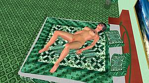 Tattooed Beauty Fingers Pussy with Banana in Temple 3D Cartoon