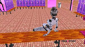 sexy sexbot poses hot then rides dick reverse cowgirl