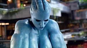 asari's huge blue futanari cock slams wet big ass tits in hardcore doggystyle creampie