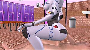 sexy sexbot poses hot then rides dick reverse cowgirl