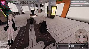 Bold hentai exhibitionist masturbates squirting in public game outdoors