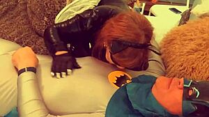 Granny Catwoman in Fishnets Sucks Batman's Huge Cock Hard