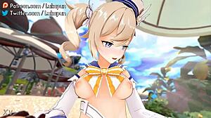 imagine barbara riding cowgirl on the beach in genshin impact 3d animation