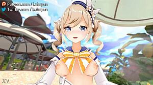 imagine barbara riding cowgirl on the beach in genshin impact 3d animation