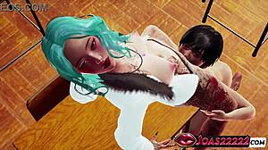 hyolyn teases kisses in fishnets on desk before pussy licking and anal vibrator leads to squirt