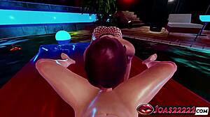 imagine redhead kallen at the pool stroking cock then sloppy blowjob footjob in fishnets cum swallow