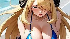 Maestra Pokémon Cynthia Flaunts Pregnant Body Kissing Licking Beach Delights