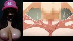 Chubby Goth Milf Watches Huge Tits Hentai Dildo Play!