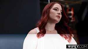 Wifey redhead hotwife stretched by massive BBC. Curvy tits bounce for horny hubby watching.