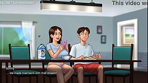 Stepsis Jenny strokes his huge cock with best handjob till he cums on her hand in Summertime Saga game