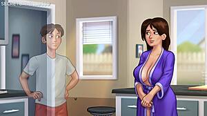 Stepsis Jenny strokes his huge cock with best handjob till he cums on her hand in Summertime Saga game