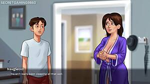 Stepsis Jenny strokes his huge cock with best handjob till he cums on her hand in Summertime Saga game