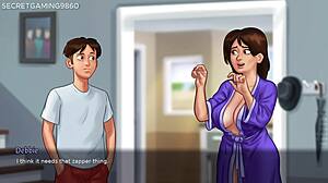 Stepsis Jenny strokes his huge cock with best handjob till he cums on her hand in Summertime Saga game