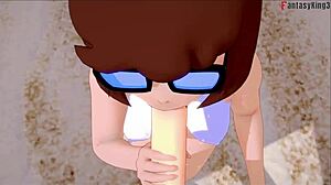 Velma kneels for deep blowjob on sunny beach in Scooby Doo hentai. Big oppai tits sway during full fantasyking3 scene