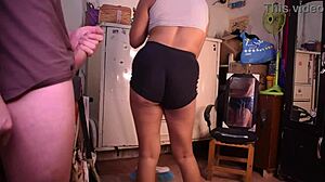 Cleaning maid with huge ebony ass lets guy cum on her fat curvy cheeks for coins