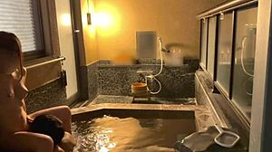 naughty japanese couple kisses licks then raw fucks standing doggy in stylish outdoor onsen tub homemade amateur