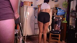Cleaning maid with huge ebony ass lets guy cum on her fat curvy cheeks for coins