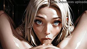 Blonde bombshell with big blue eyes slurps massive cocks hungrily in hentai scene