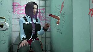 Kira shoves her tight holes against that wall for deep pounding in 3D hentai game