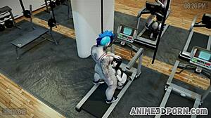 Two Shemales Pound Brunette Ass Anal Blowjob Gym Threesome