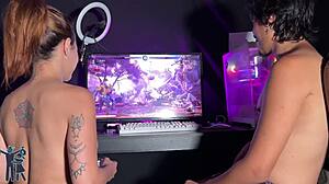 Brunette Milf Sucks Monster Cock While Gaming Strip Loser