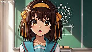innocent haruhi suzumiya gangbanged with double penetration monster cocks in classroom chaos
