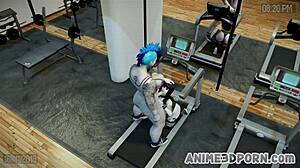 Two Shemales Pound Brunette Ass Anal Blowjob Gym Threesome