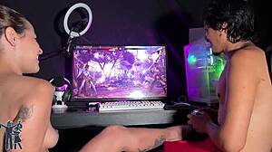 Brunette Milf Sucks Monster Cock While Gaming Strip Loser