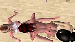 Shemale sucks cock as beauty pounds her ass in steamy 3D threesome