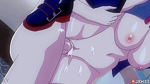 anime babe rides cowgirl creampie with massive boobs bouncing hard