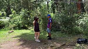 19-year-old petite sluts lose control doggystyle on guide's monster cock in woods