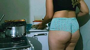 Bailey Quinn's athletic curvy ass and tight pussy workout in kitchen with juicy tits
